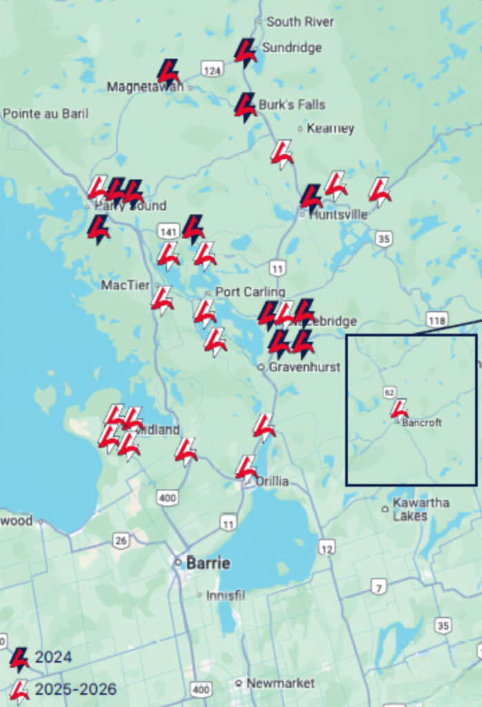 A screenshot of a map showing Lakeland EV Charging stations throughout Muskoka, Parry Sound, Almaguin and Kawartha Lakes.
