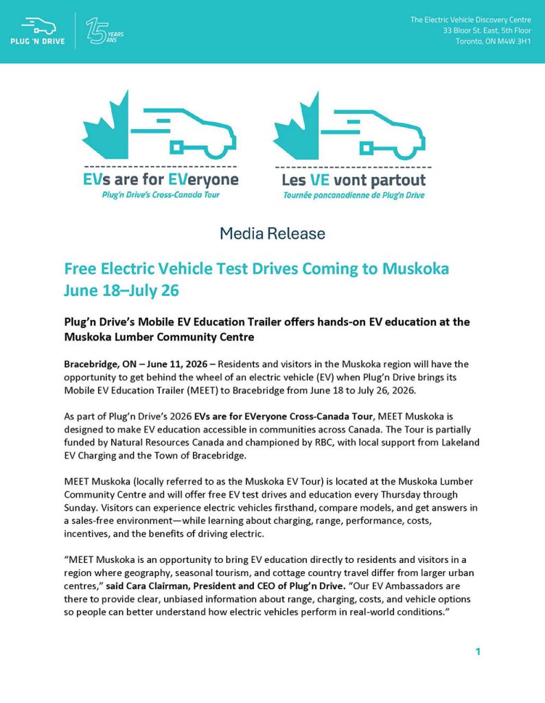 Cover of the press release titled "Free Electric Vehicle Test Drives Coming to Muskoka June 18–July 26"